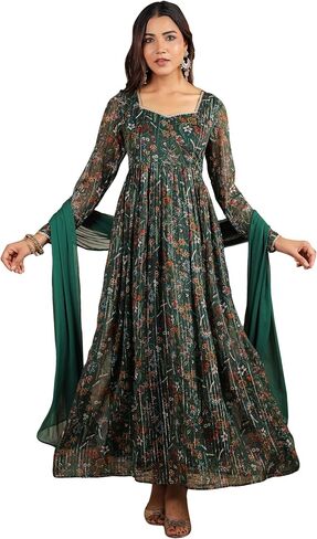 Janasya Indian Women's Green Flowy Flared Floral Kurta Kurti Top Tunic Festive Wedding Party Kurta Set with Dupatta for Women in Saudi Arabia