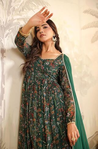 Janasya Indian Women's Green Flowy Flared Floral Kurta Kurti Top Tunic Festive Wedding Party Kurta Set with Dupatta for Women in Saudi Arabia