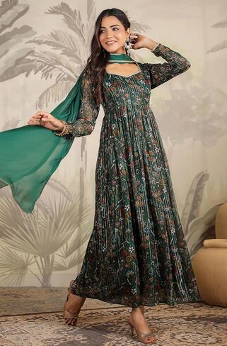 Janasya Indian Women's Green Flowy Flared Floral Kurta Kurti Top Tunic Festive Wedding Party Kurta Set with Dupatta for Women in Saudi Arabia