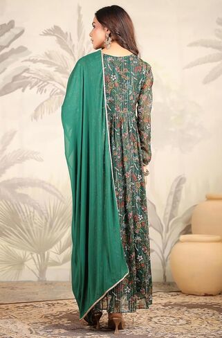 Janasya Indian Women's Green Flowy Flared Floral Kurta Kurti Top Tunic Festive Wedding Party Kurta Set with Dupatta for Women in Saudi Arabia