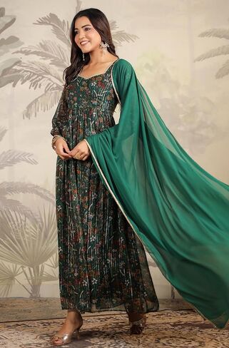 Janasya Indian Women's Green Flowy Flared Floral Kurta Kurti Top Tunic Festive Wedding Party Kurta Set with Dupatta for Women in Saudi Arabia