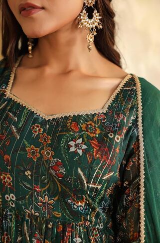 Janasya Indian Women's Green Flowy Flared Floral Kurta Kurti Top Tunic Festive Wedding Party Kurta Set with Dupatta for Women in Saudi Arabia