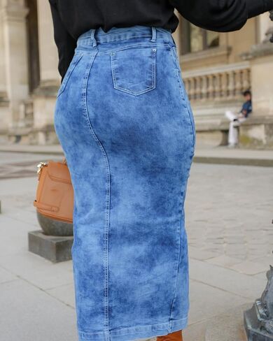 Women's High Waisted Denim Skirt Front Slit Casual Long Maxi Length Jean Regular and Plus Size - Paris Collection in Saudi Arabia