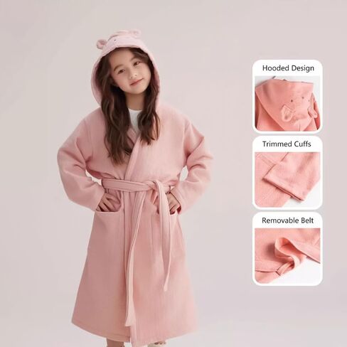 Kids Bathrobe, Soft Terry Coth Warm Fluffy Sleepwear for Boys Girls 2-9 Years, Cotton Hooded Towel Robes with Pockets Belted in Saudi Arabia