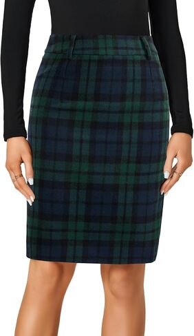 Lyaner Women's Wool Plaid Print High Weist Zipper Bodycon Fall Pencil Midi Skirt Lene in Kuwait