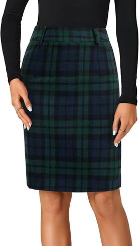 Lyaner Women's Wool Plaid Print High Weist Zipper Bodycon Fall Pencil Midi Skirt Lene in Kuwait