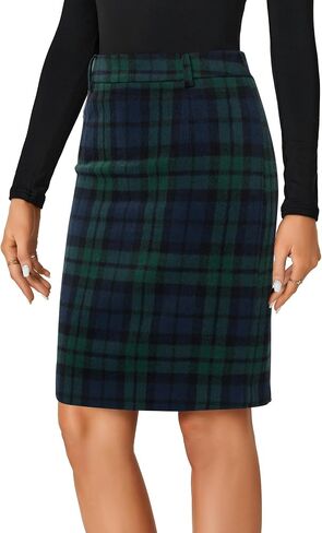 Lyaner Women's Wool Plaid Print High Weist Zipper Bodycon Fall Pencil Midi Skirt Lene in Kuwait