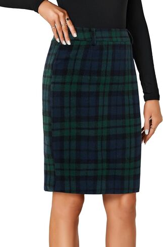 Lyaner Women's Wool Plaid Print High Weist Zipper Bodycon Fall Pencil Midi Skirt Lene in Kuwait