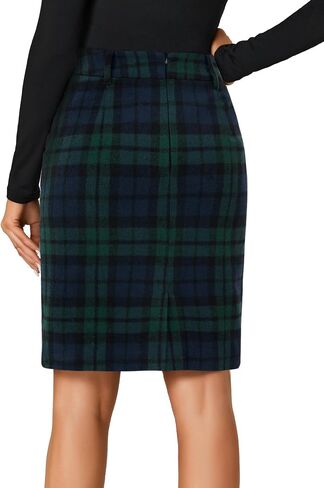 Lyaner Women's Wool Plaid Print High Weist Zipper Bodycon Fall Pencil Midi Skirt Lene in Kuwait