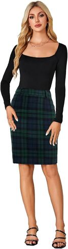 Lyaner Women's Wool Plaid Print High Weist Zipper Bodycon Fall Pencil Midi Skirt Lene in Kuwait