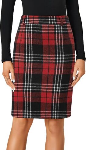 Lyaner Women's Wool Plaid Print High Weist Zipper Bodycon Fall Pencil Midi Skirt Lene in Kuwait