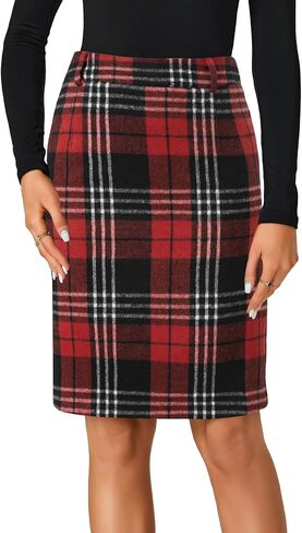 Lyaner Women's Wool Plaid Print High Weist Zipper Bodycon Fall Pencil Midi Skirt Lene in Kuwait