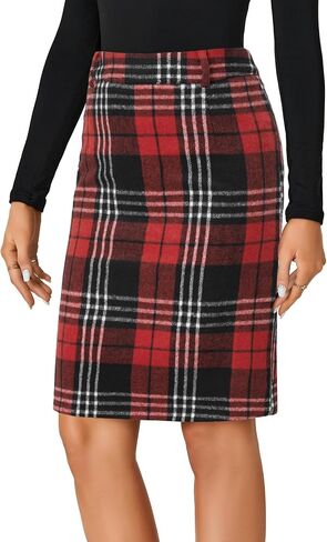 Lyaner Women's Wool Plaid Print High Weist Zipper Bodycon Fall Pencil Midi Skirt Lene in Kuwait
