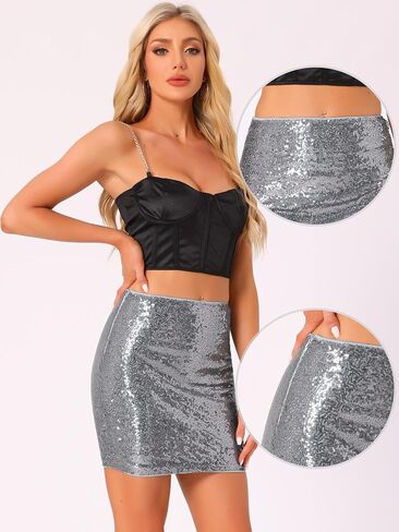 Allegra K Sequin Skirt for Women Sparkly Stretchy High Waisted Bodycon Mini Skirt in Saudi Arabia