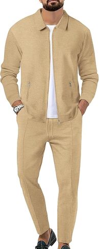 Men's Waffle Tracksuit 2 Pieces Set Casual Long Sleeve Zip Up Sweatsuits Solid Athletic Jogging Suit Sets in Saudi Arabia