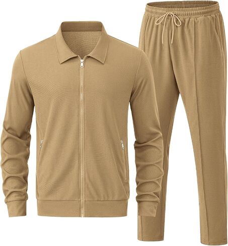 Men's Waffle Tracksuit 2 Pieces Set Casual Long Sleeve Zip Up Sweatsuits Solid Athletic Jogging Suit Sets in Saudi Arabia
