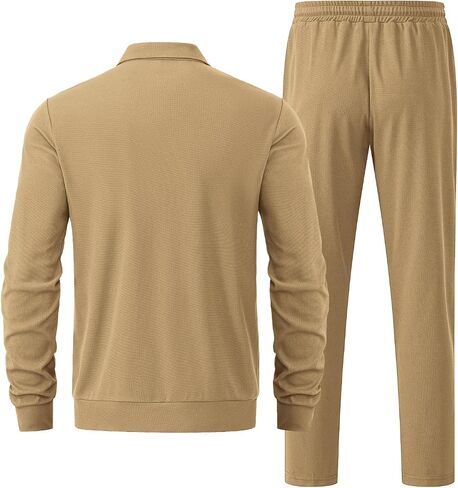 Men's Waffle Tracksuit 2 Pieces Set Casual Long Sleeve Zip Up Sweatsuits Solid Athletic Jogging Suit Sets in Saudi Arabia