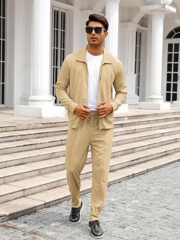 Men's Waffle Tracksuit 2 Pieces Set Casual Long Sleeve Zip Up Sweatsuits Solid Athletic Jogging Suit Sets in Saudi Arabia