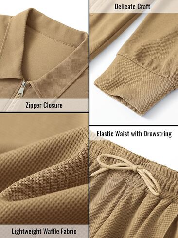 Men's Waffle Tracksuit 2 Pieces Set Casual Long Sleeve Zip Up Sweatsuits Solid Athletic Jogging Suit Sets in Saudi Arabia
