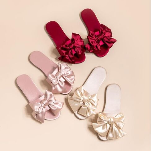 Premium Luxury Satin Silk All Seasons Comfort Bow Knot Women's House Slippers Non Slip Indoor Soft Home Slip On Shoes in Saudi Arabia