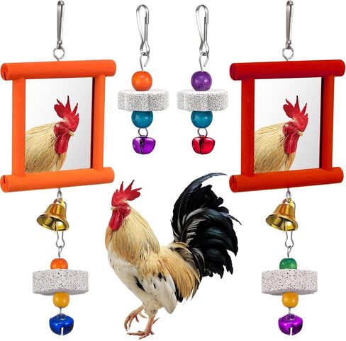 Sumind 2 Pieces Chicken Mirror Toys Hanging Swing Mirror Toys with Bell Wooden Pecking Toy and 4 Pieces Beak Grinding Molar Stones for Hens Birds Parrots(Rose Red, Yellow) in Saudi Arabia