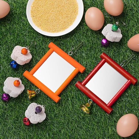 Sumind 2 Pieces Chicken Mirror Toys Hanging Swing Mirror Toys with Bell Wooden Pecking Toy and 4 Pieces Beak Grinding Molar Stones for Hens Birds Parrots(Rose Red, Yellow) in Saudi Arabia