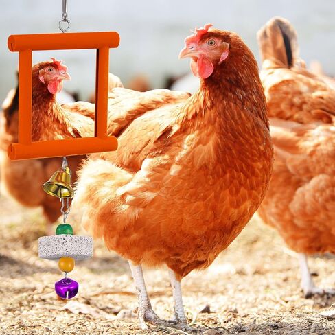 Sumind 2 Pieces Chicken Mirror Toys Hanging Swing Mirror Toys with Bell Wooden Pecking Toy and 4 Pieces Beak Grinding Molar Stones for Hens Birds Parrots(Rose Red, Yellow) in Saudi Arabia