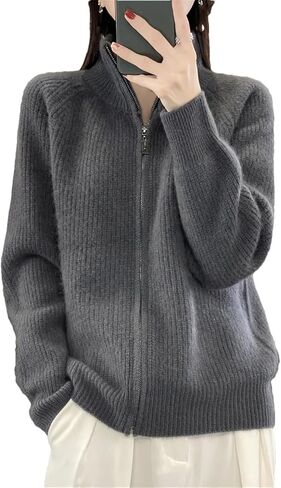 Women Mock Neck Zippers Sweater Cardigan 100% Merino Wool Knit Jumper Thick Warm Sweater Coat in Saudi Arabia