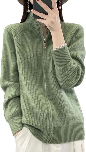 Women Mock Neck Zippers Sweater Cardigan 100% Merino Wool Knit Jumper Thick Warm Sweater Coat in Saudi Arabia