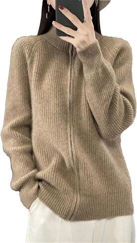 Women Mock Neck Zippers Sweater Cardigan 100% Merino Wool Knit Jumper Thick Warm Sweater Coat in Saudi Arabia