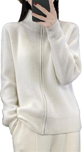 Women Mock Neck Zippers Sweater Cardigan 100% Merino Wool Knit Jumper Thick Warm Sweater Coat in Saudi Arabia