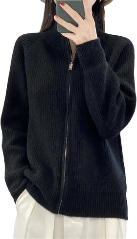 Women Mock Neck Zippers Sweater Cardigan 100% Merino Wool Knit Jumper Thick Warm Sweater Coat in Saudi Arabia