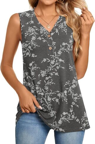 BISHUIGE Womens Henley Tunic Tops Button Up T-Shirts Sleeveless V-Neck Casual Blouses in Saudi Arabia
