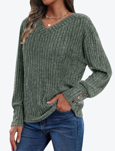 IWD Womens V Neck Long Sleeve Shirt Fall Fashion Knitted Sweaters Dressy Casual Pullover Tunic Tops with Decorative Buttons in Saudi Arabia