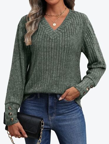 IWD Womens V Neck Long Sleeve Shirt Fall Fashion Knitted Sweaters Dressy Casual Pullover Tunic Tops with Decorative Buttons in Saudi Arabia