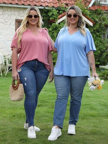 DOLNINE Plus-Size-Tops for Women Summer Flutter Sleeve Shirts Notched Neck Pleated Tunics Tee in Saudi Arabia
