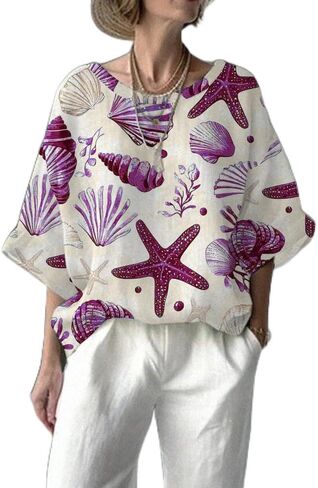 Ladies 3/4 Sleeve Tops Plus Size Womens Clothing Cute Summer Outfits for Women Travel Blouse Starfish Design in Saudi Arabia