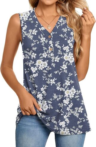 BISHUIGE Womens Henley Tunic Tops Button Up T-Shirts Sleeveless V-Neck Casual Blouses in Saudi Arabia