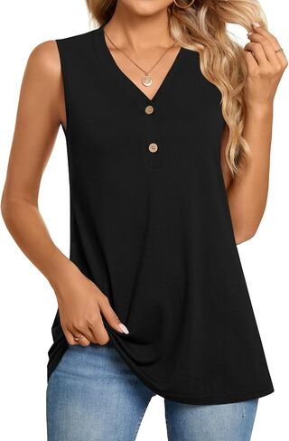 BISHUIGE Womens Henley Tunic Tops Button Up T-Shirts Sleeveless V-Neck Casual Blouses in Saudi Arabia