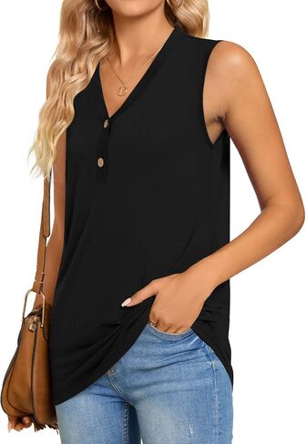 BISHUIGE Womens Henley Tunic Tops Button Up T-Shirts Sleeveless V-Neck Casual Blouses in Saudi Arabia