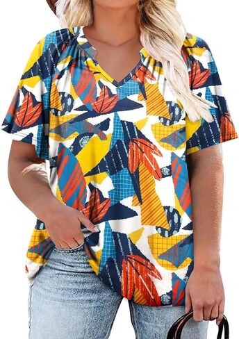 DOLNINE Plus-Size-Tops for Women Summer Flutter Sleeve Shirts Notched Neck Pleated Tunics Tee in Saudi Arabia