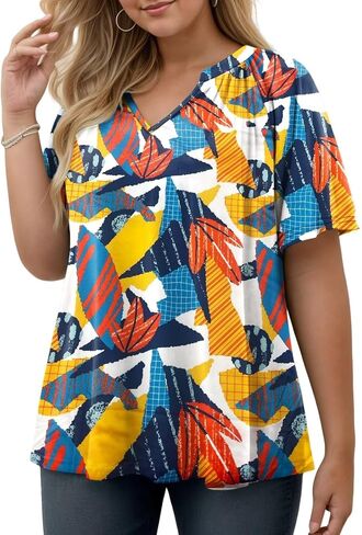 DOLNINE Plus-Size-Tops for Women Summer Flutter Sleeve Shirts Notched Neck Pleated Tunics Tee in Saudi Arabia