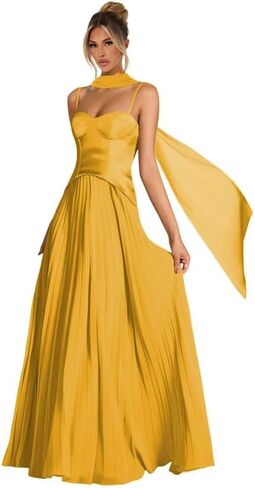 Women's Spaghetti Strap Bridesmaid Dresses with Scarf Long Pleated Asymmetrical Drop Waist Formal Dress LA108 in Saudi Arabia