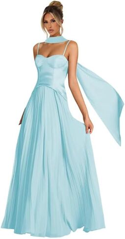 Women's Spaghetti Strap Bridesmaid Dresses with Scarf Long Pleated Asymmetrical Drop Waist Formal Dress LA108 in Saudi Arabia