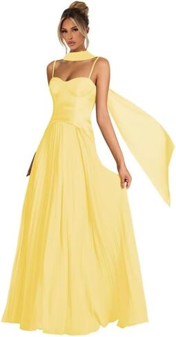 Women's Spaghetti Strap Bridesmaid Dresses with Scarf Long Pleated Asymmetrical Drop Waist Formal Dress LA108 in Saudi Arabia