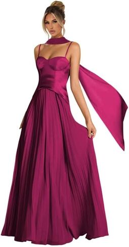 Women's Spaghetti Strap Bridesmaid Dresses with Scarf Long Pleated Asymmetrical Drop Waist Formal Dress LA108 in Saudi Arabia
