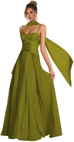 Women's Spaghetti Strap Bridesmaid Dresses with Scarf Long Pleated Asymmetrical Drop Waist Formal Dress LA108 in Saudi Arabia