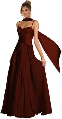 Women's Spaghetti Strap Bridesmaid Dresses with Scarf Long Pleated Asymmetrical Drop Waist Formal Dress LA108 in Saudi Arabia