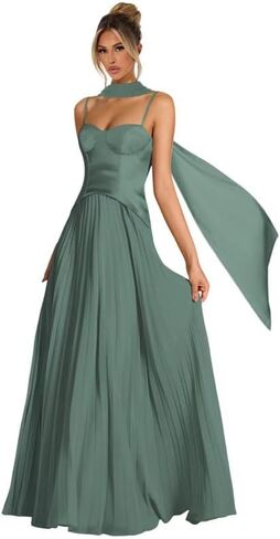Women's Spaghetti Strap Bridesmaid Dresses with Scarf Long Pleated Asymmetrical Drop Waist Formal Dress LA108 in Saudi Arabia