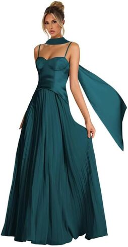 Women's Spaghetti Strap Bridesmaid Dresses with Scarf Long Pleated Asymmetrical Drop Waist Formal Dress LA108 in Saudi Arabia